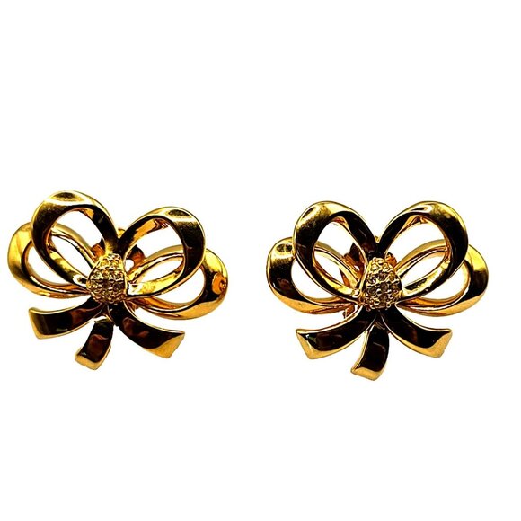 Elizabeth Taylor White Diamonds WD Ribbon Earrings Gold Tone Clip On Signed - Picture 1 of 6